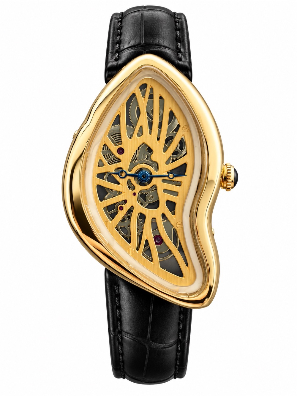 Gold Skeleton Melting Surrealist Watch Black Strap Asymmetrical Art Watch